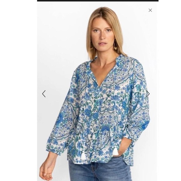 Johnny Was Tops - Johnny Was Blue Floral Peplum Blouse Tassel Tie Split Neck Long Sleeve Top L